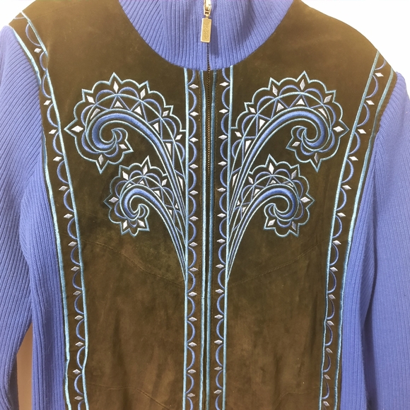 Bob Mackie Jacket Women's L Wearable Art Blue Embroidered  Suede Leather Knit - Picture 2 of 8